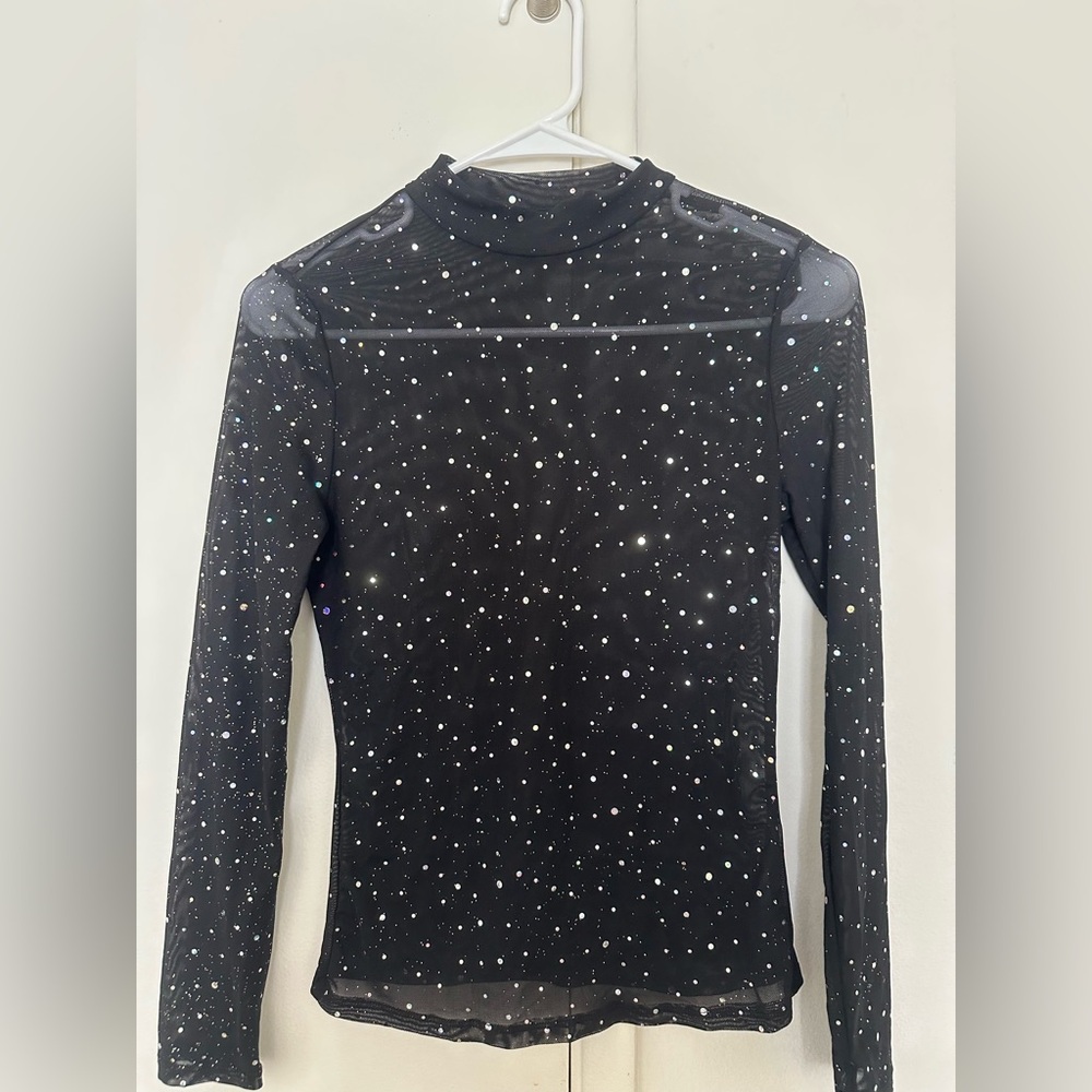 Black Mesh Sparkle Long Sleeve Mock Neck Top